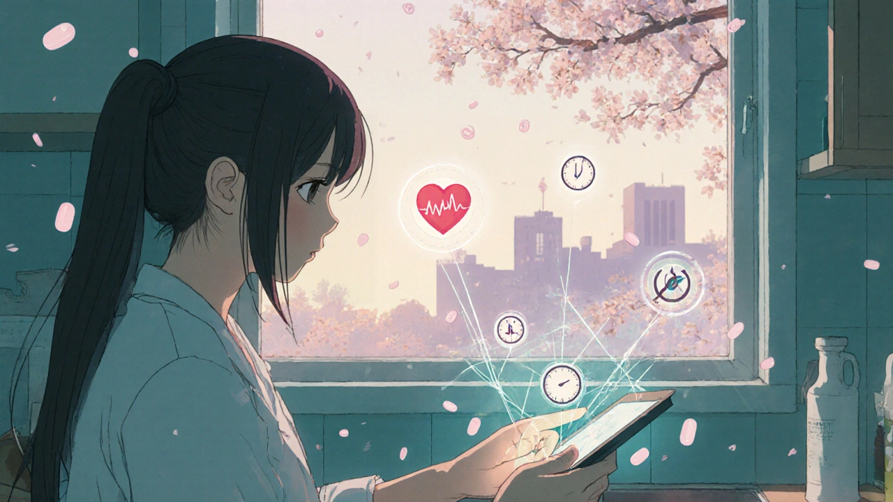 A caregiver touching a tablet that emits a web of linked medication symbols with falling cherry blossoms.