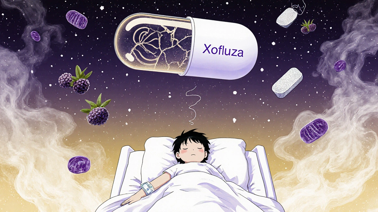 A child receives IV antiviral treatment as a hovering pill cracks open DNA spirals, surrounded by dissolving supplements.