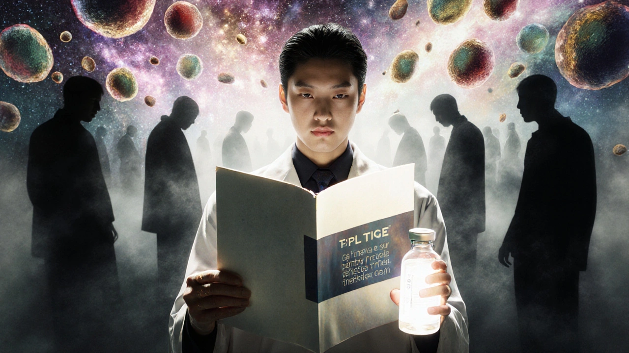 A dermatologist holding Tretiva and a scroll, with a mirror showing skin cells transforming into a cosmic landscape.