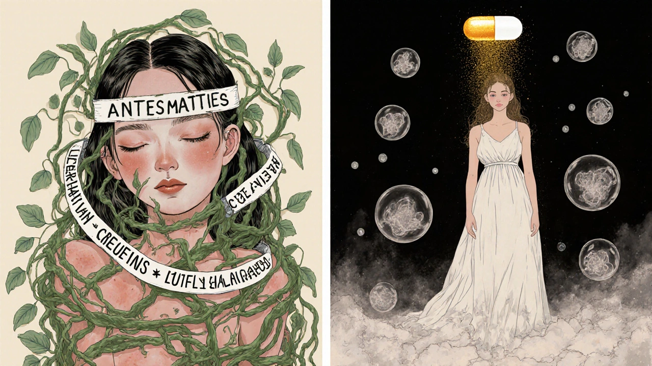 A figure freed from acne vines on one side, radiant with a dissolving capsule on the other, symbolizing Tretiva's effect.