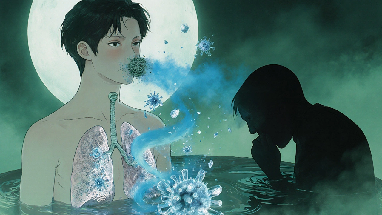 A person inhales luminous mist from a floating device, viruses turning to petals as lungs glow with intricate lacework.