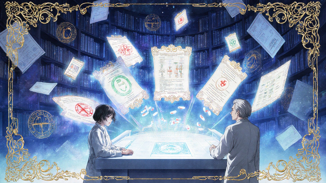 A pharmacist and patient beside a holographic medical scroll interface in a celestial library.