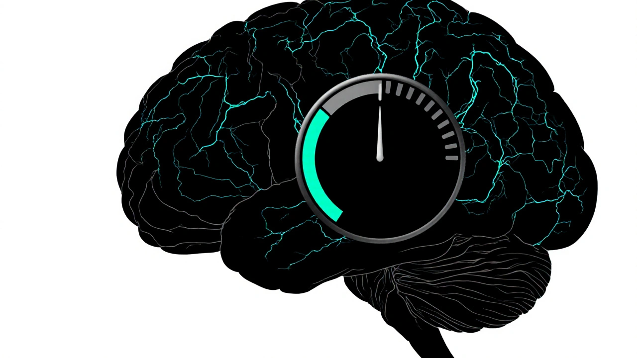 Brain illustration showing teal dopamine/serotonin lines and a thermostat.