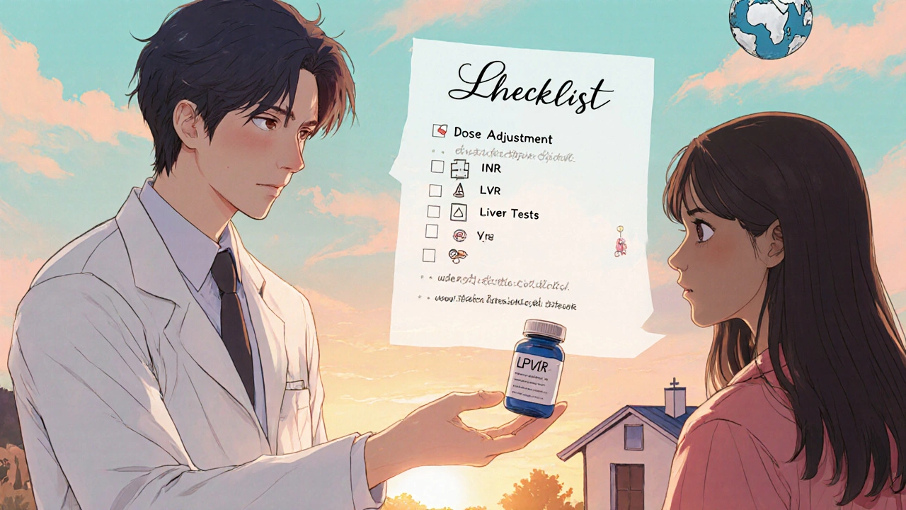 Clinician counseling patient with floating checklist and lab test icons in the background.