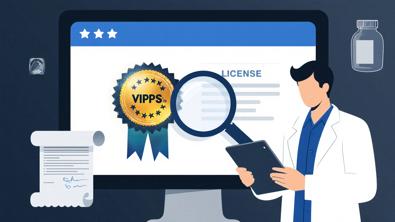Close-up of a digital pharmacy certification seal and a pharmacist reviewing a prescription.