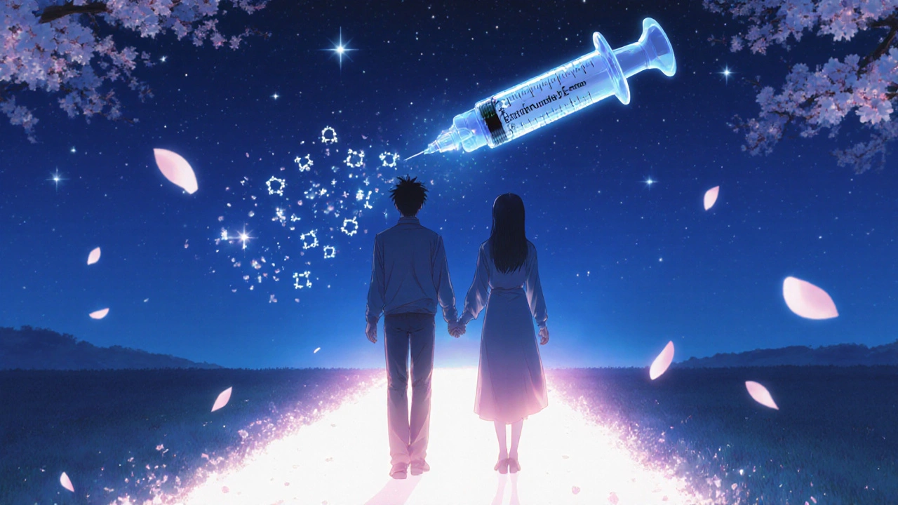 Couple holding hands under a starry sky with a glowing syringe releasing nanoparticle symbols.