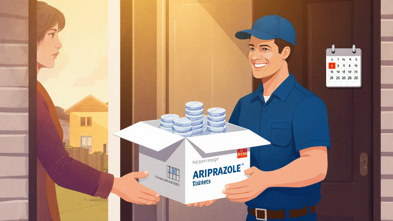Courier delivering a sealed box of generic aripiprazole to a smiling recipient.
