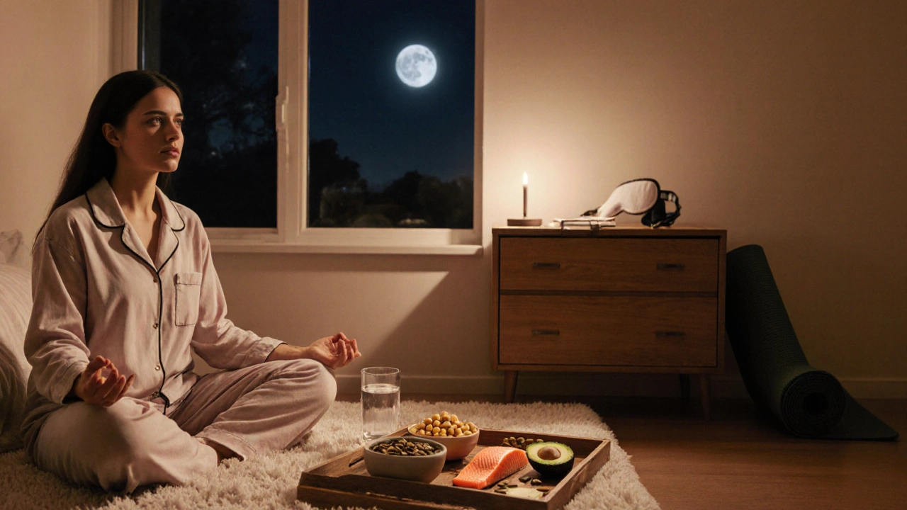 Cozy bedroom scene with healthy foods, yoga mat, and a woman meditating for hormone support.