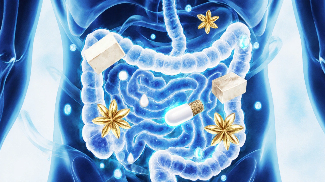 Cross‑section of intestines showing soy isoflavones binding levothyroxine molecules.