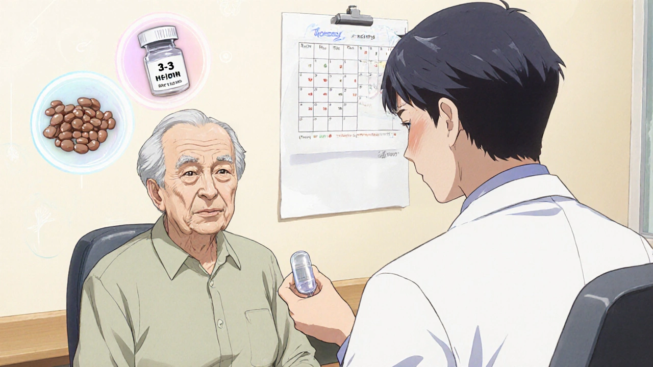 Doctor advising an elderly patient, showing soft‑gel capsule and soy icons.