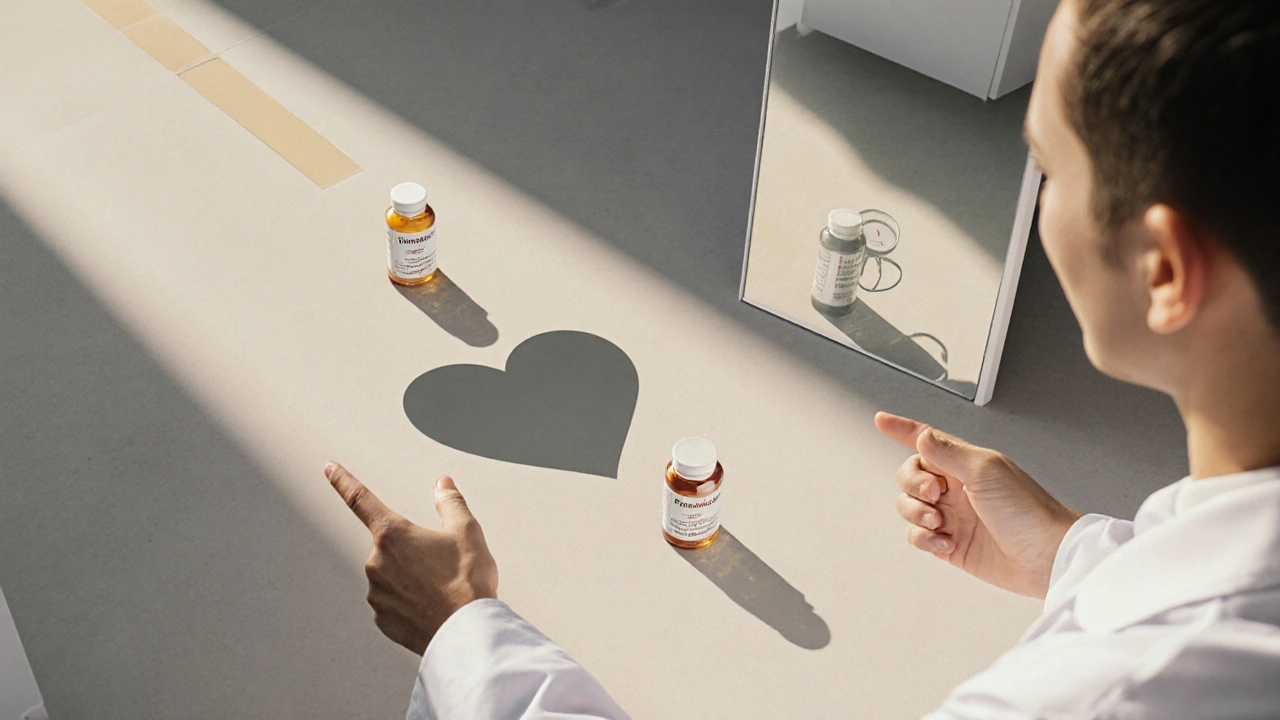 Doctor pointing to three paths representing heart failure, hypertension, and acne treatments.