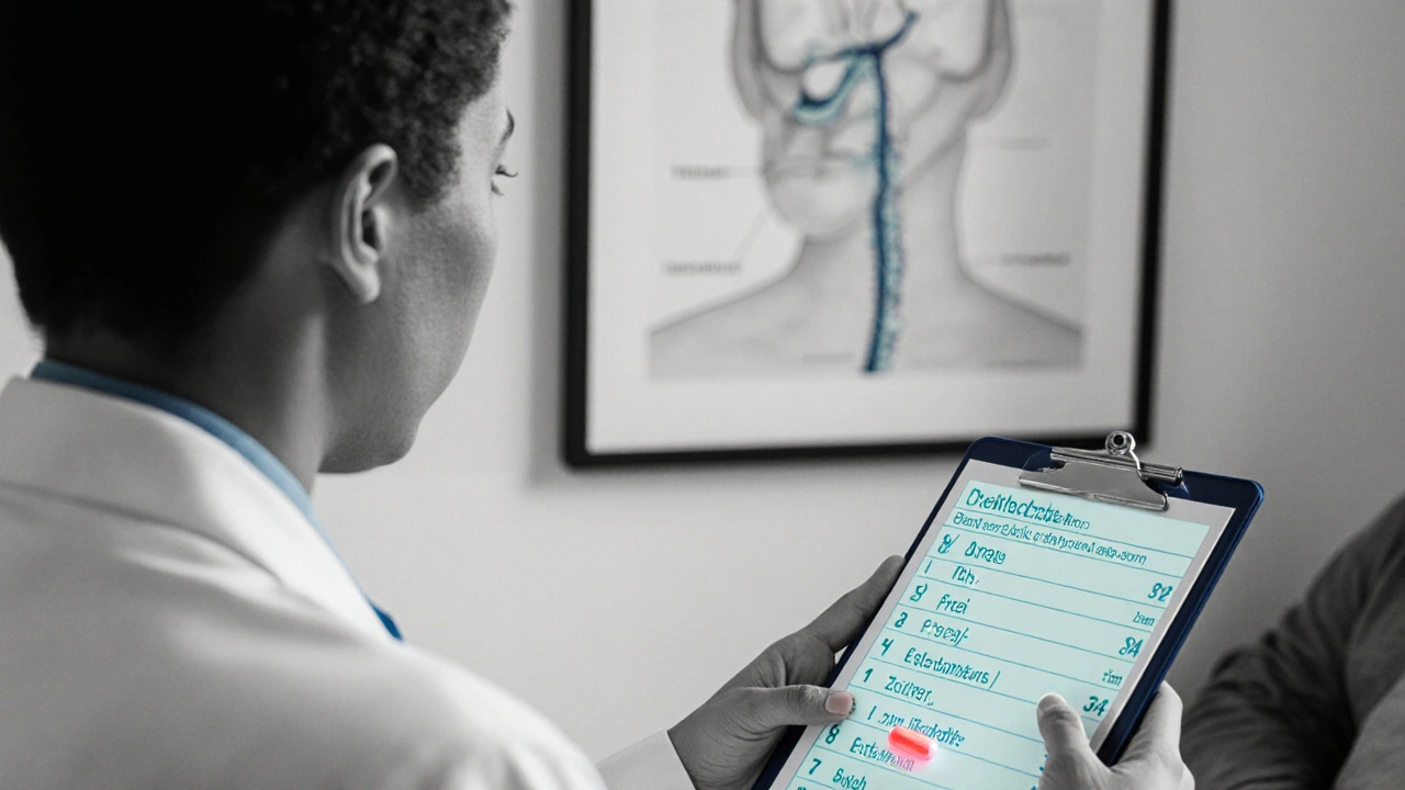 Doctor reviewing a patient’s hormone panel while patient holds a Rifampin tablet.