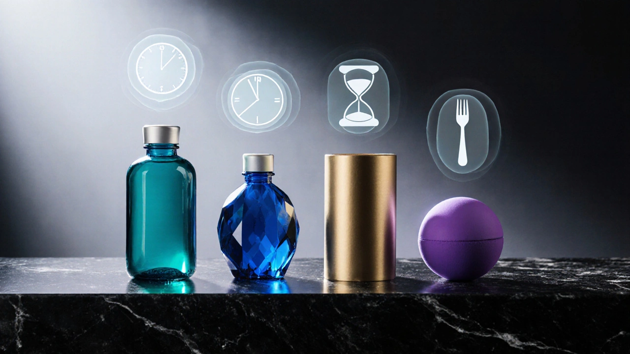 Four ED medication bottles on marble with symbolic cues for onset, duration, and food impact.
