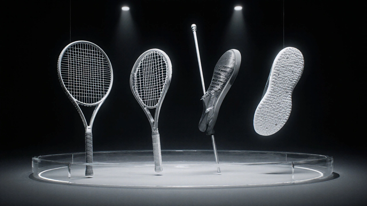Four floating sports gear pieces with cutaway views showing material structures.
