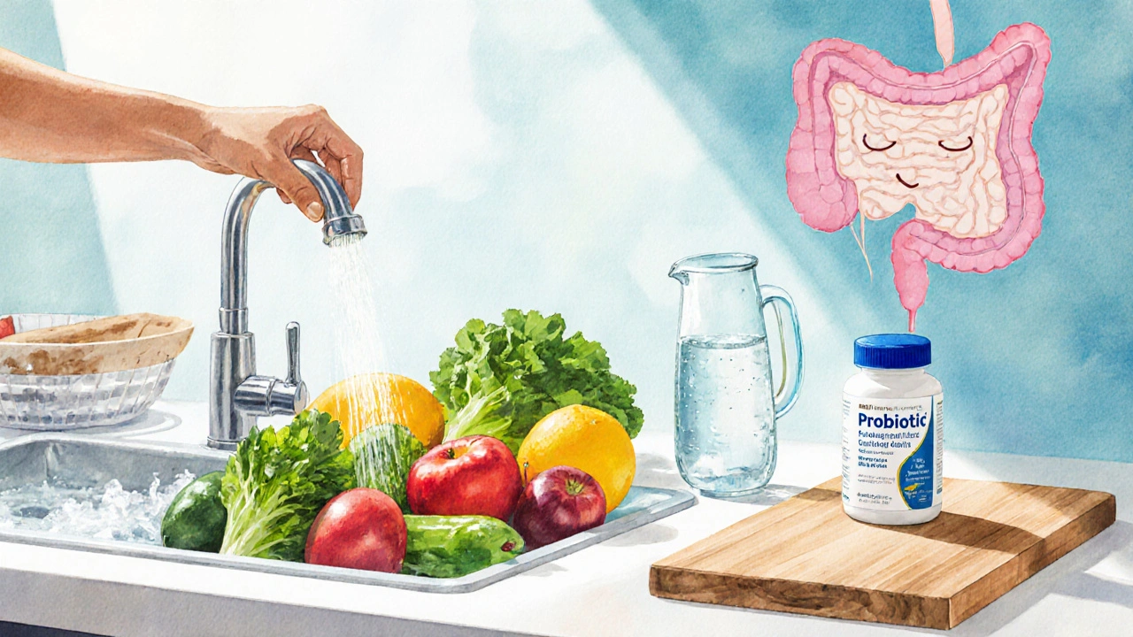 Hands washing fresh produce next to filtered water and probiotic bottle, symbolizing gut health.