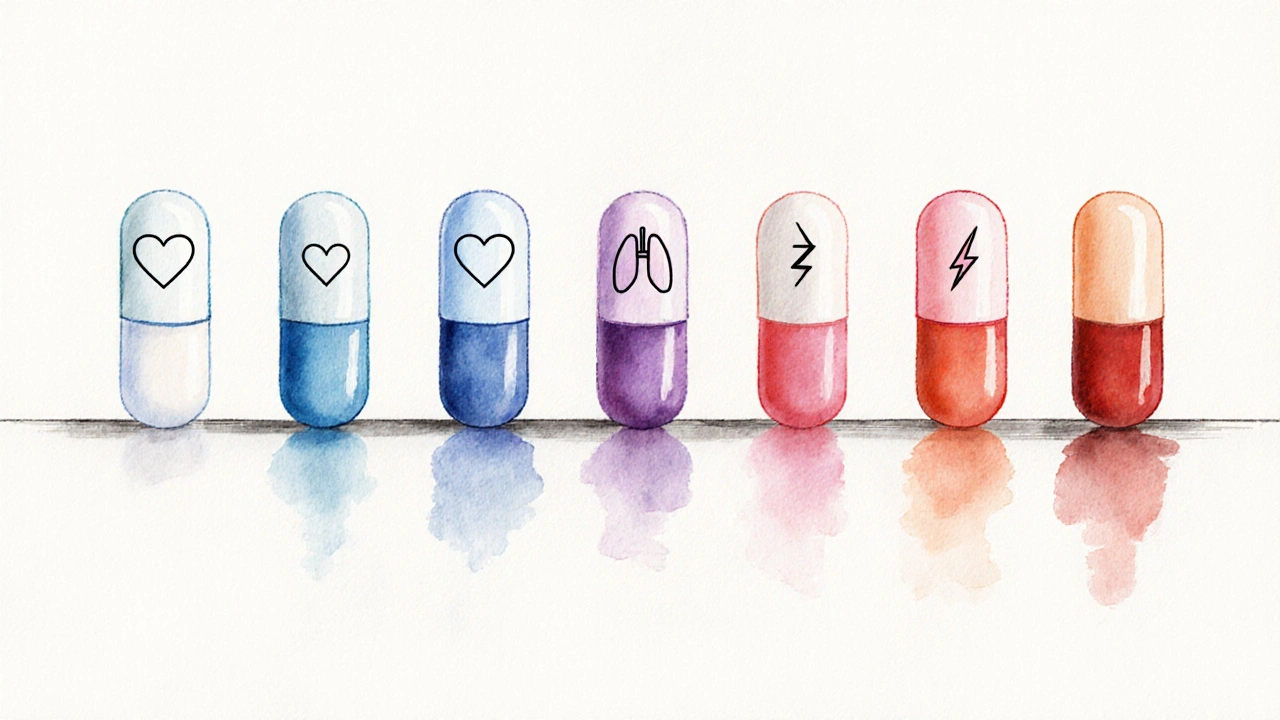 Illustrated row of seven colored pills each paired with icons for heart, lungs, and cost.