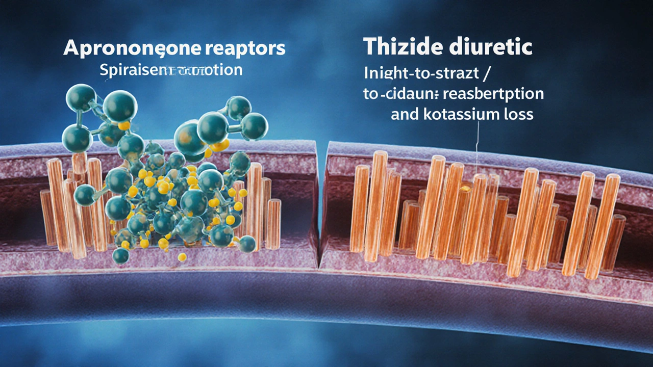 Kidney tubule illustration showing spironolactone blocking aldosterone and retaining potassium.