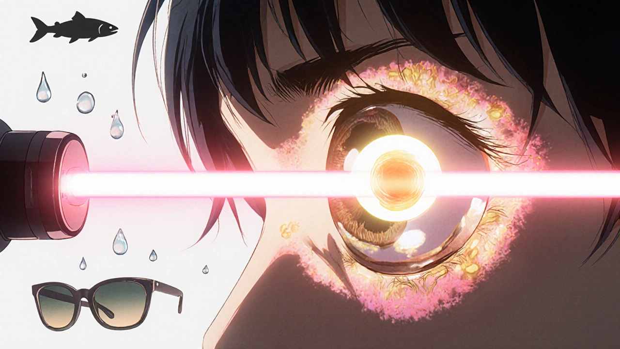 Laser beam targeting a floating speck in the eye with subtle health icons.