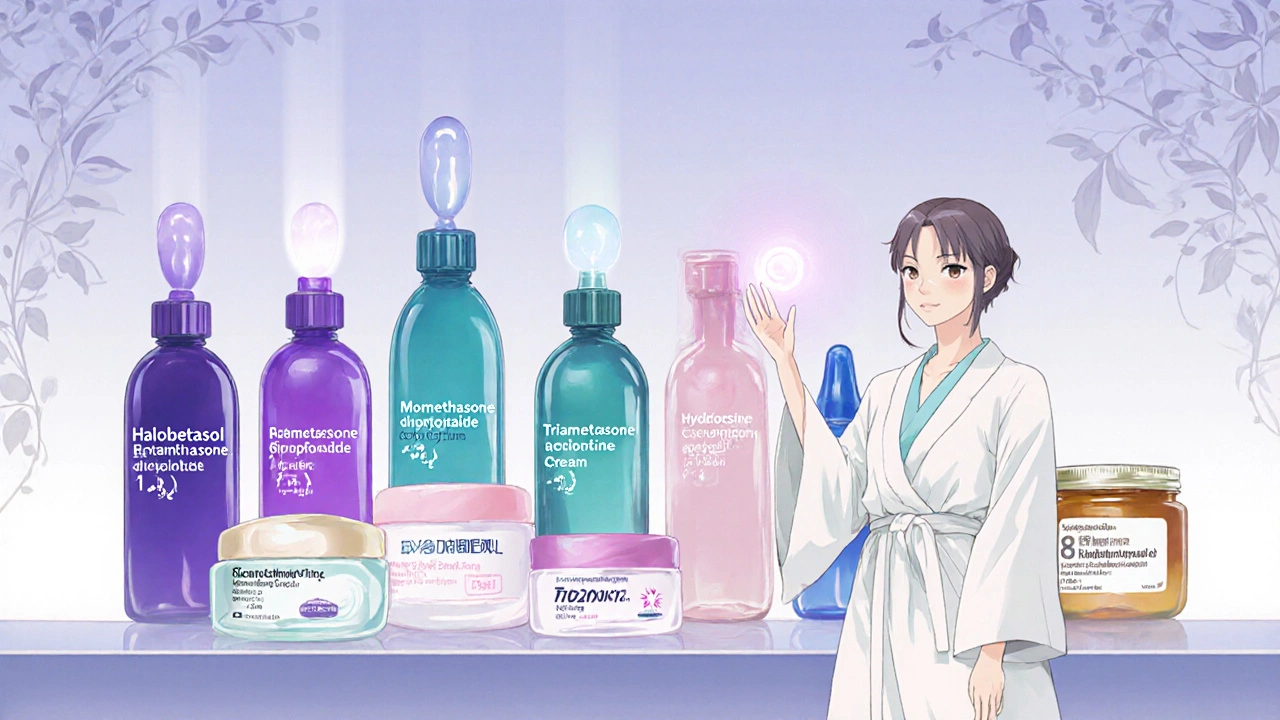 Line of different steroid and non‑steroid topical containers with a doctor gesturing.