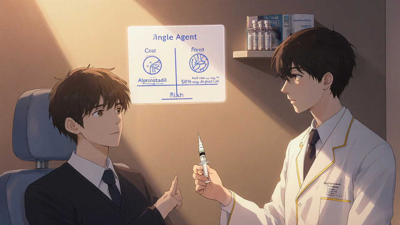 Patient and doctor discussing options with syringes and a floating decision chart.