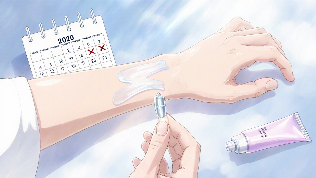 Patient applying thin cream layer on arm with calendar marking two weeks.