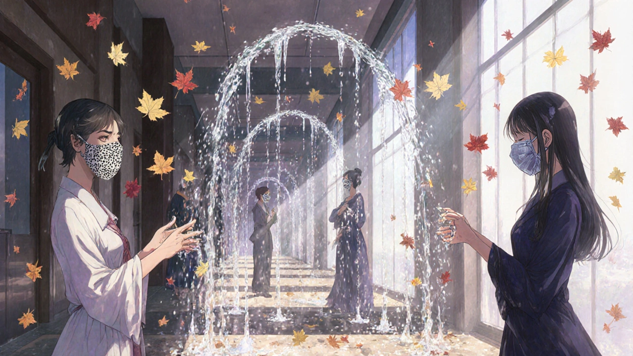 People wearing masks and washing hands under sparkling water in an ethereal hallway.