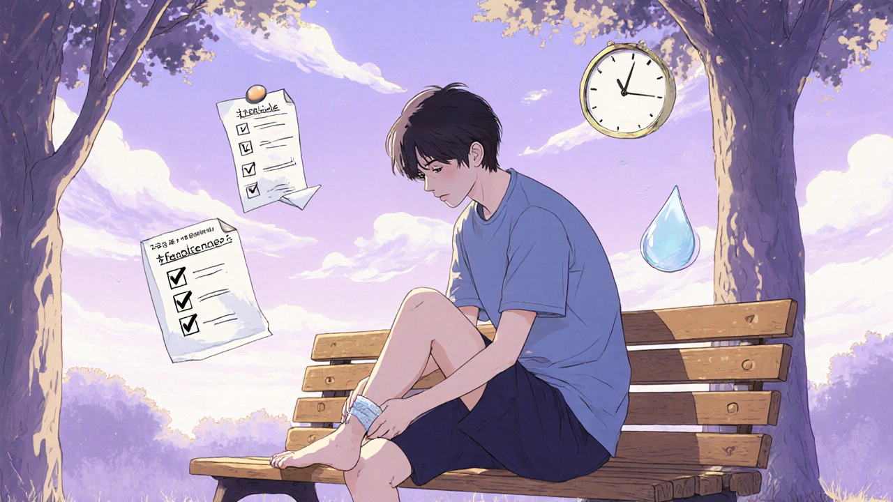 Person applying cream after a jog with floating checklist icons, anime style.