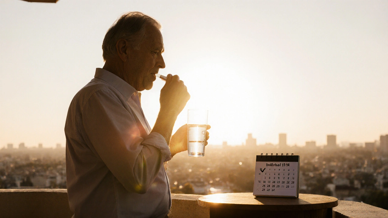 Person taking one Inderal LA pill at sunrise on a balcony, calendar shows one check mark.