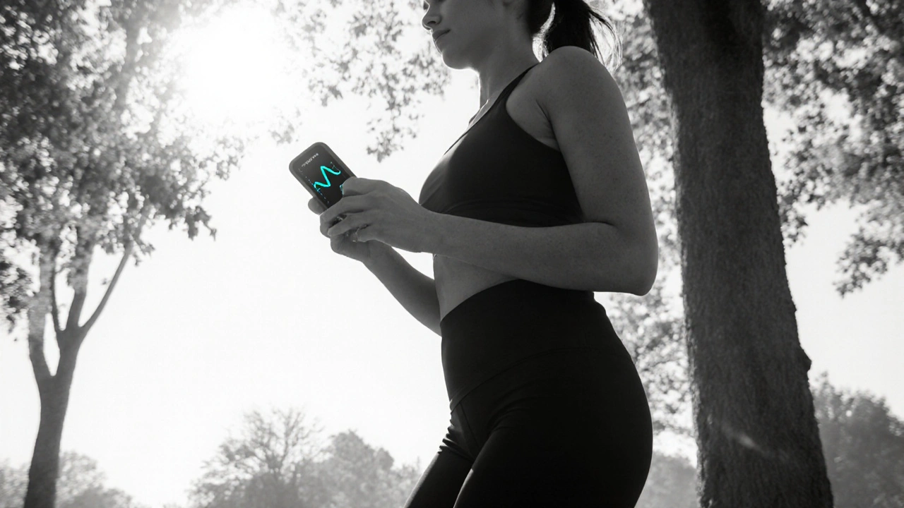 Person walking in a park with a teal‑accented mood‑tracking device.