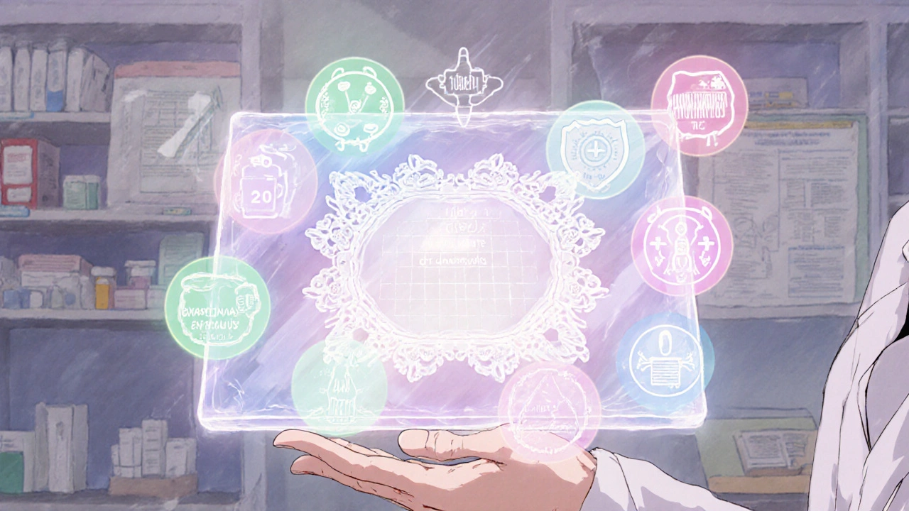 Pharmacist viewing floating drug icons with aura indicating interaction adjustments.