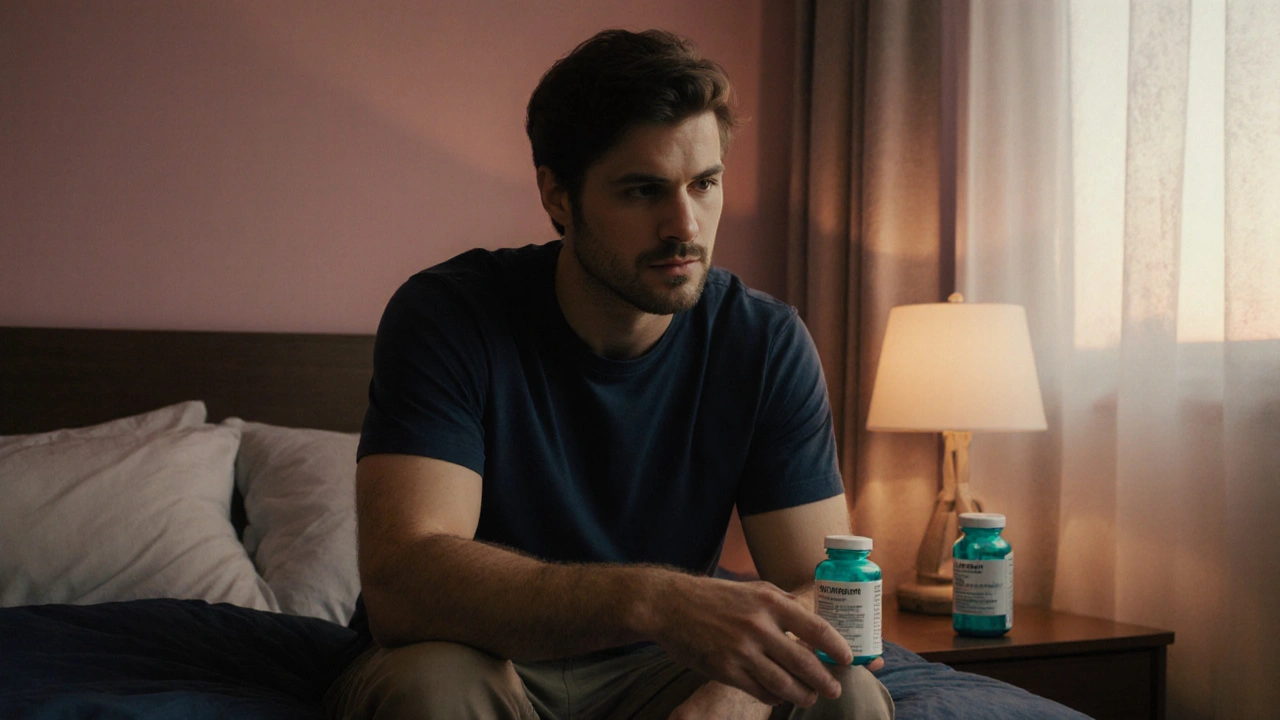 Relaxed man in bedroom holding a single pill bottle, conveying confidence.