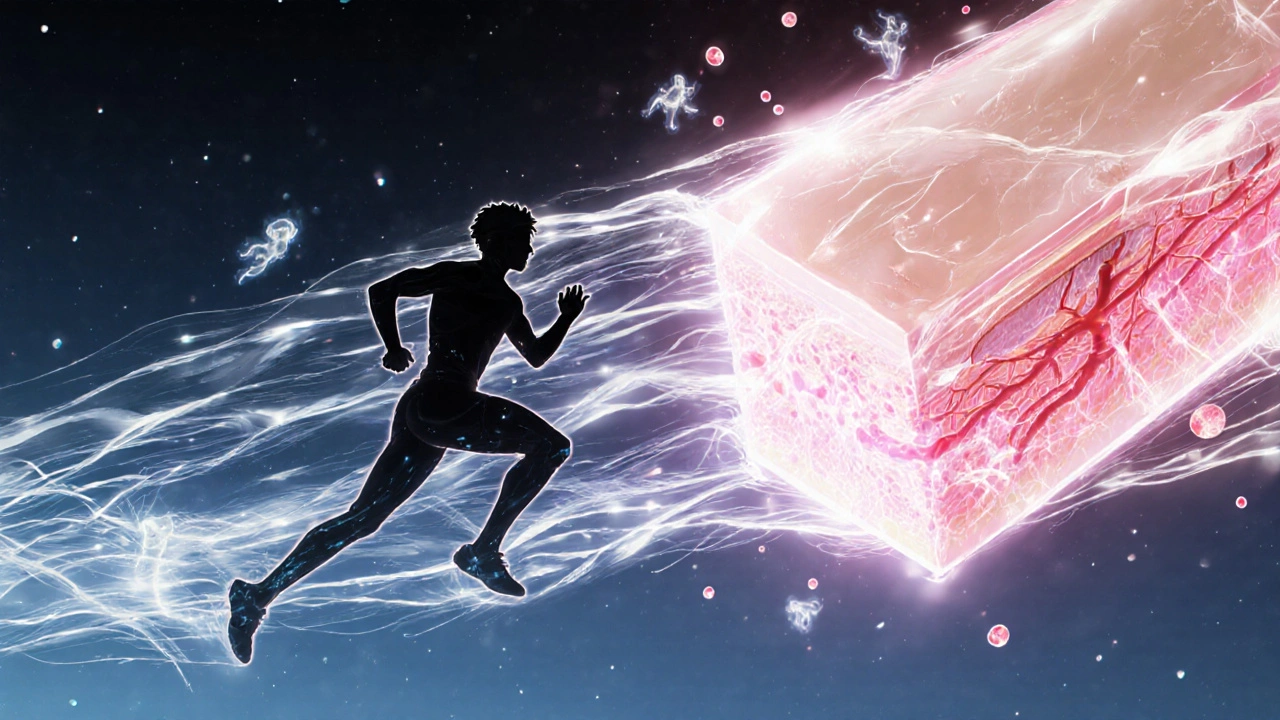 Runner with translucent skin cross‑section showing blood flow and sweat, anime style.