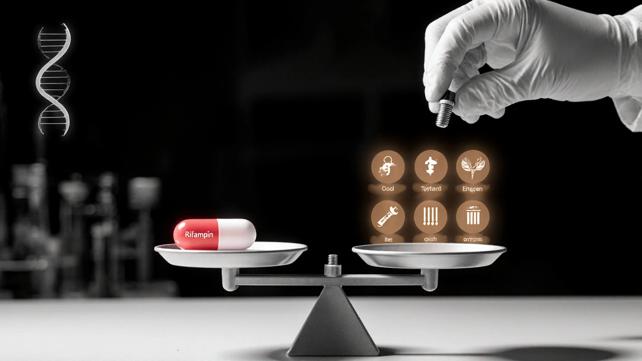Scale balancing a Rifampin pill against hormone symbols with a hand adjusting dosage.