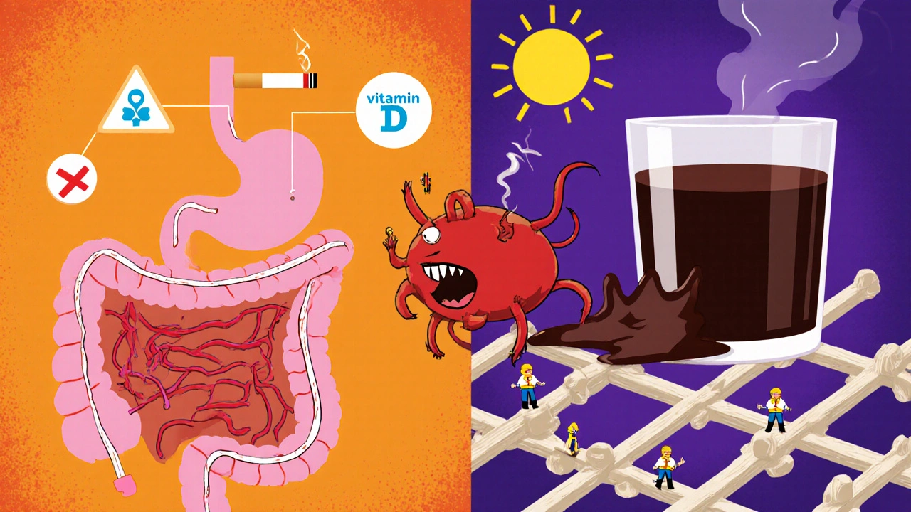 Split illustration showing smoking blocking calcium and alcohol hindering bone building.