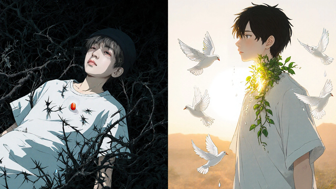 Split scene: injured figure lying down vs. healed figure standing tall with doves and healing vines.