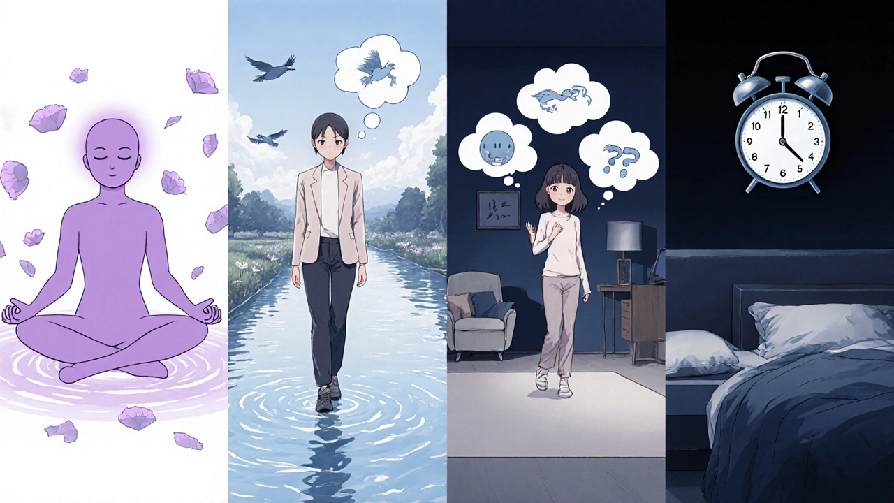 Split scene showing meditation, walking, therapy, and sleep hygiene for RA stress management.