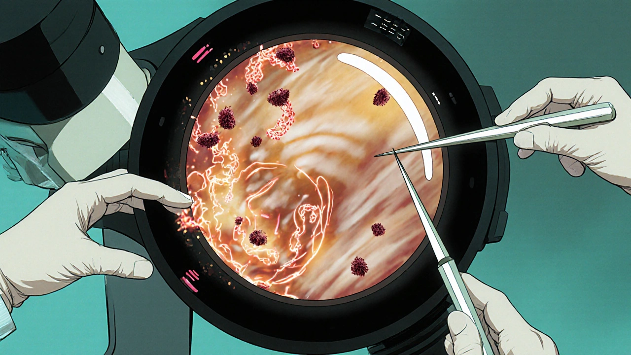 Surgeon operating on an eye with swirling inflammatory clouds inside.