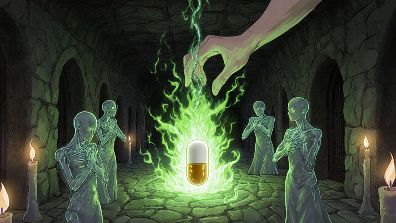 Surreal esophagus corridor with burning pill, reflux spirits, and golden water guiding it down.