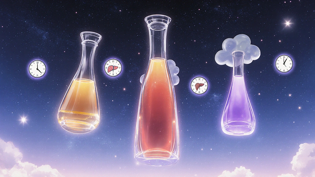 Three floating drug bottles with colored glows, clocks, and icons representing half‑life and side effects.