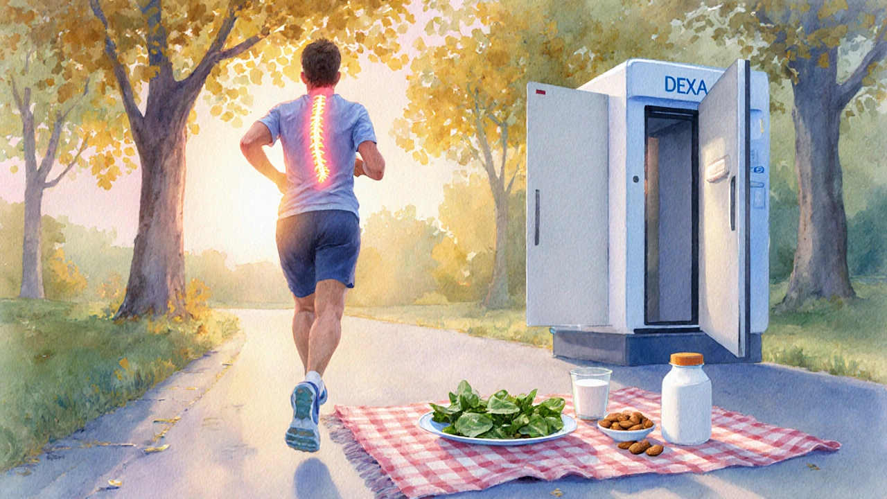 Watercolor of a jogger with healthy foods and a DEXA scanner in a sunrise setting.