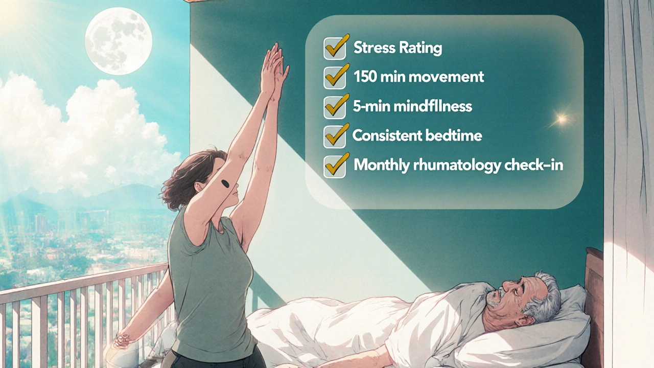 Woman doing yoga and man sleeping, with a floating checklist of stress‑management habits.