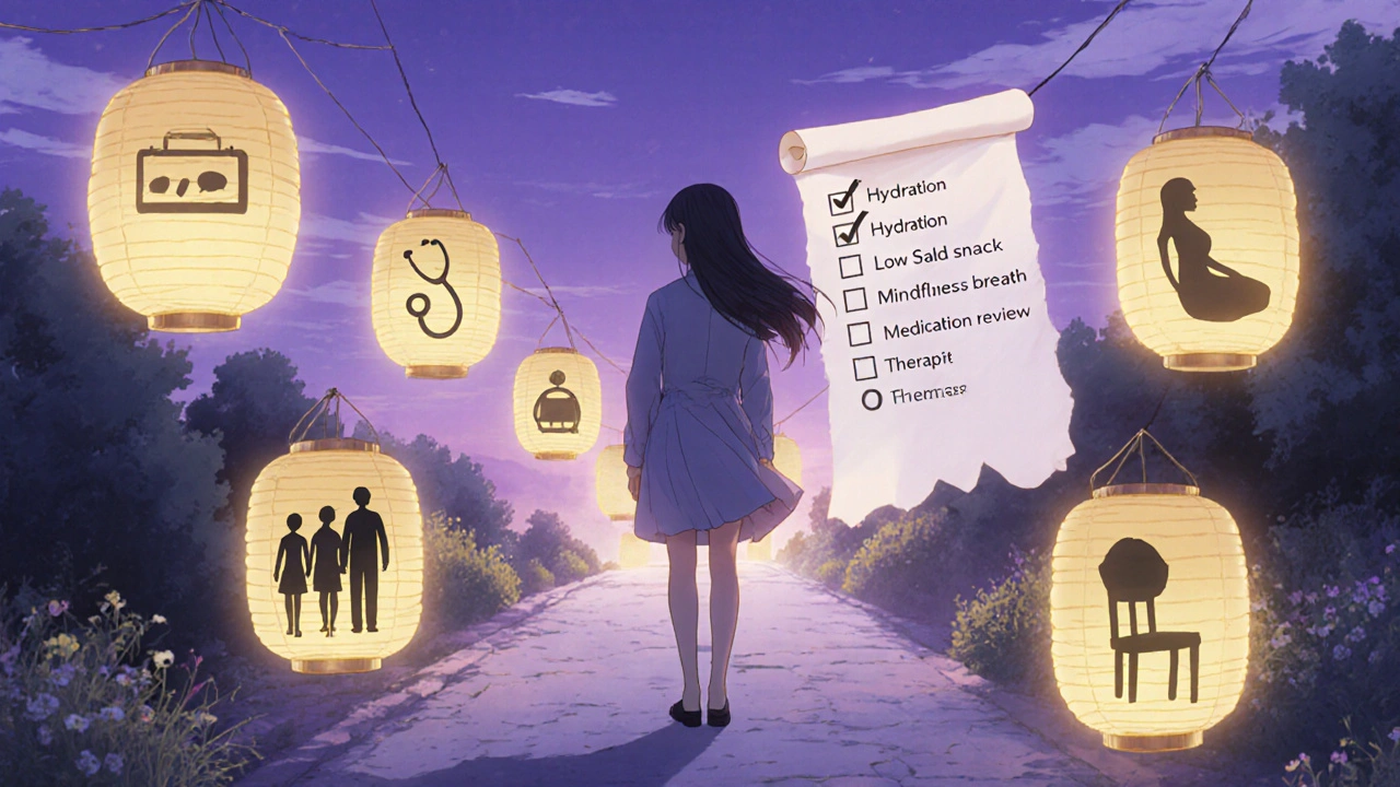 Woman on a lantern-lit path with floating symbols of support and a glowing checklist.