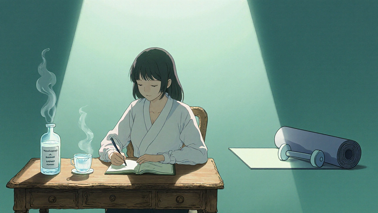 Woman writing in a journal with medicine bottle, water cup, and exercise gear nearby.