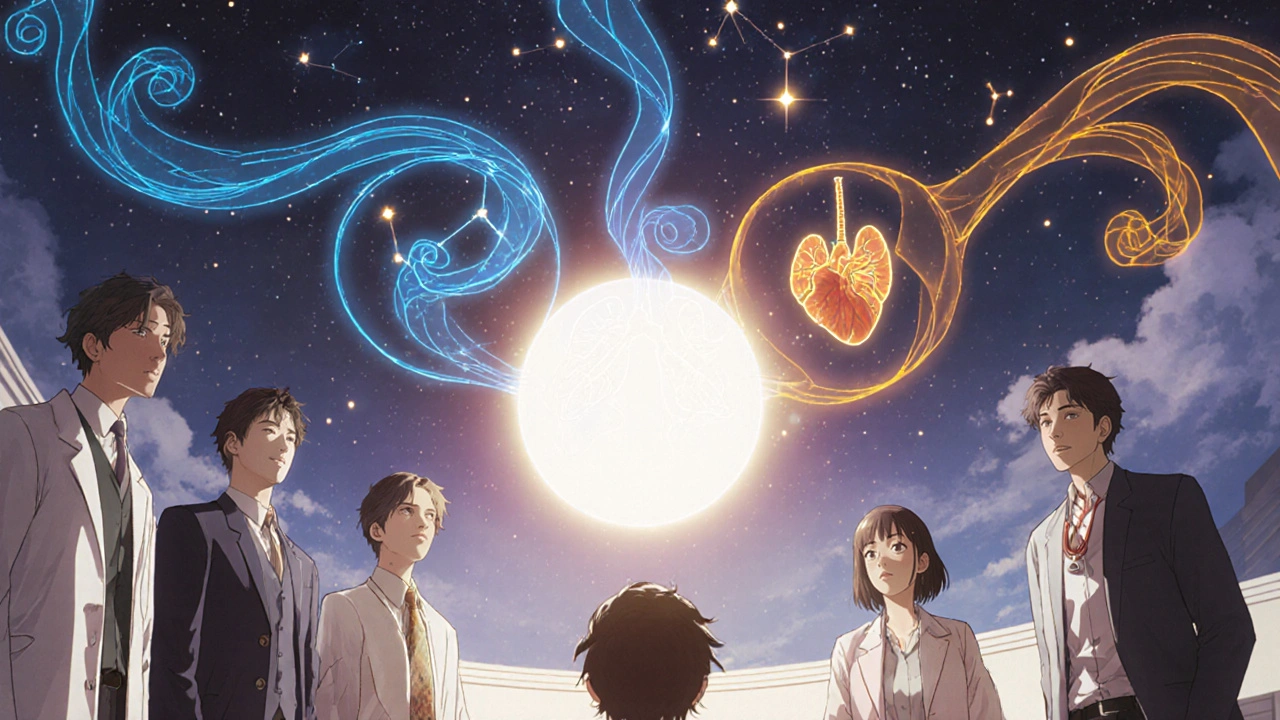 A care team stands around a glowing orb with ribbons of light representing NIV and PEG, symbolizing extended life and vitality.