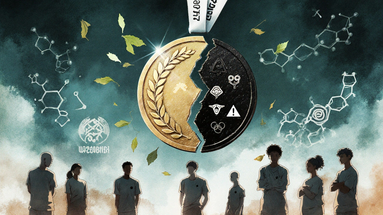 A cracked medal split between natural light and dark symbols, with athletes in contemplation.