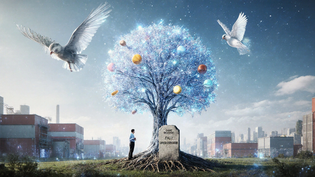 A digital twin tree of data streams towers over warehouses, with small distributors clinging to outdated methods below.