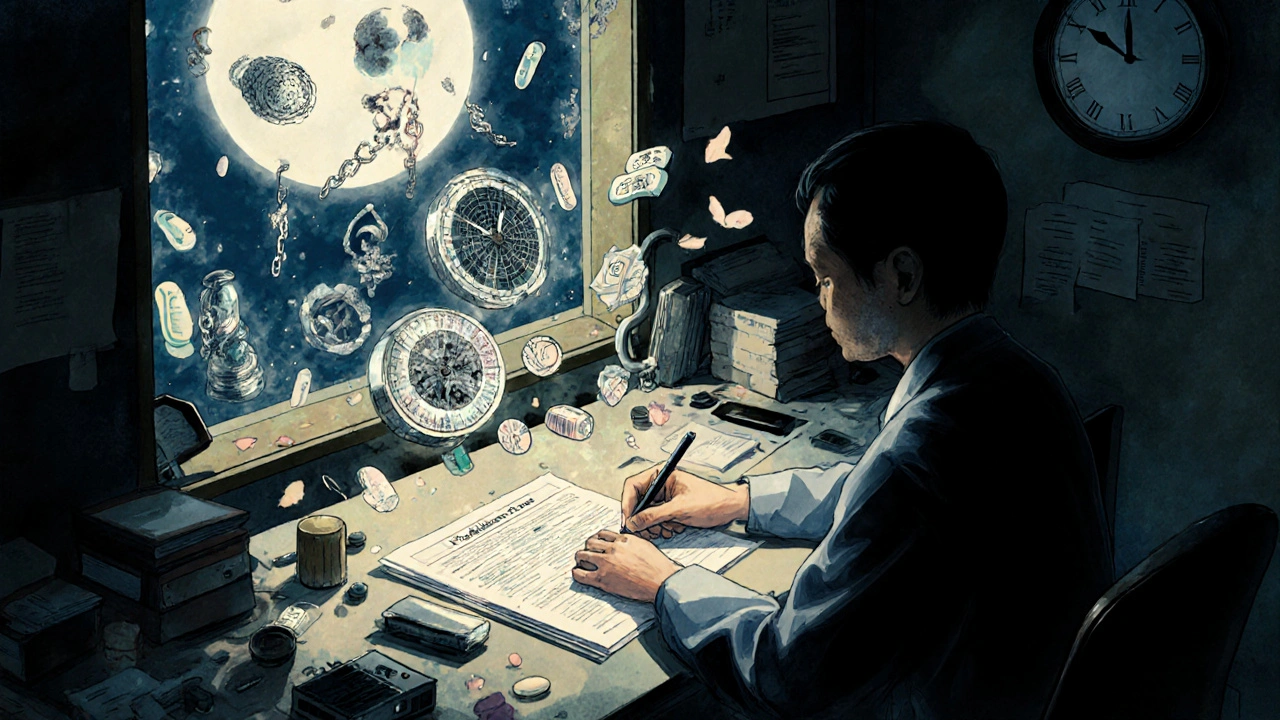 A doctor at a desk surrounded by floating medication icons and a melting clock under moonlight.