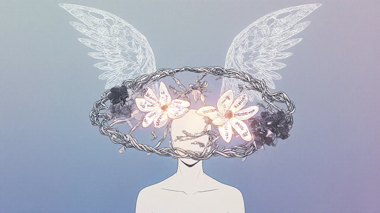 A floating medical alert bracelet with safe and dangerous drug symbols, surrounded by breath-like wings.