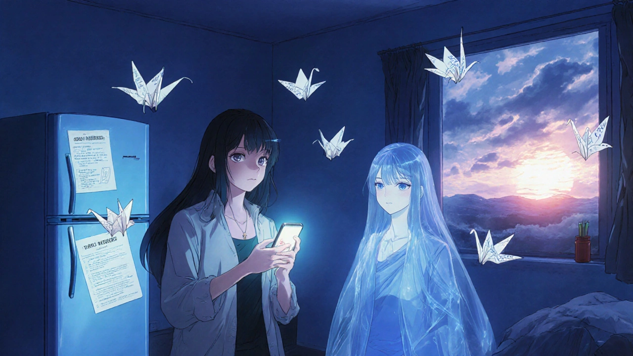 A late-night phone call with a spectral therapist and floating DBT skill cranes.