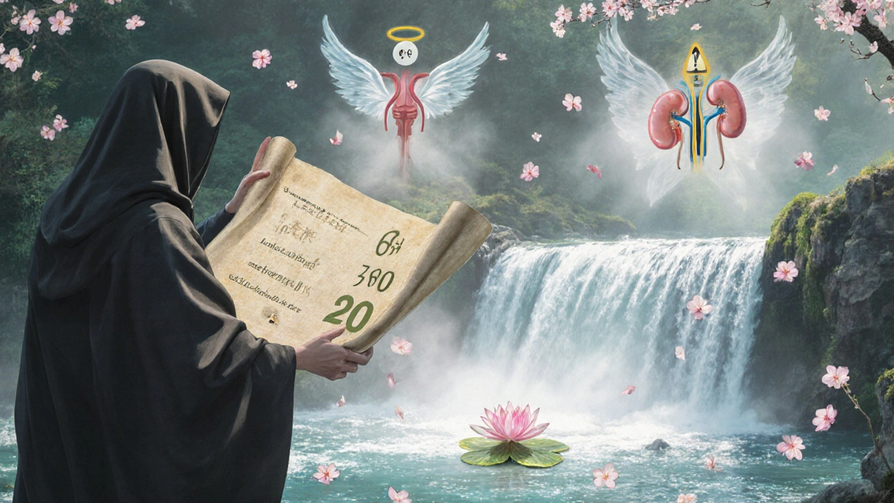 A mystical river with three waterfalls representing kidney function thresholds, guided by angelic hands toward a lotus.